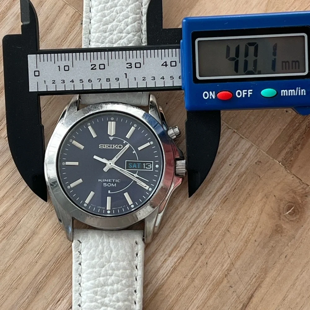 Seiko Kinetic Rare Automatic Men’s Watch Blue Dial White Leather Strap Date